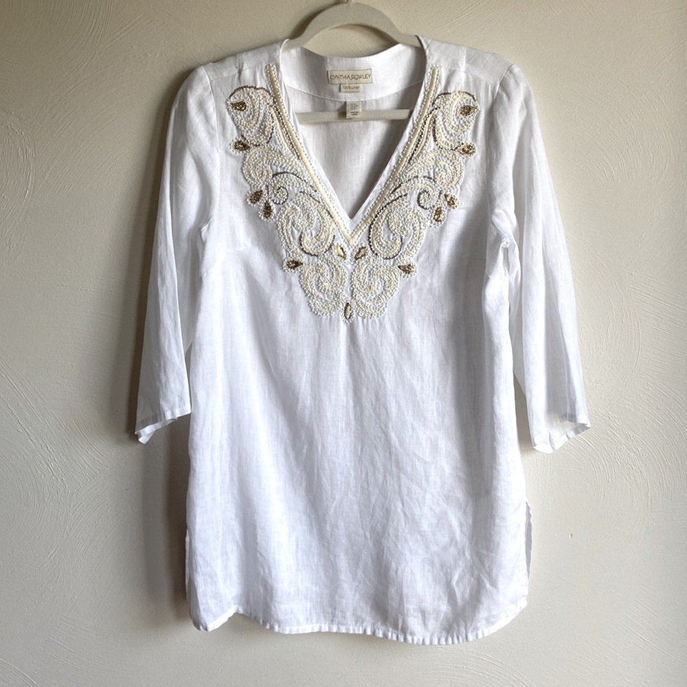 Cynthia Rowley V-neck Beaded Embroidery Boho 100% Linen Tunic S